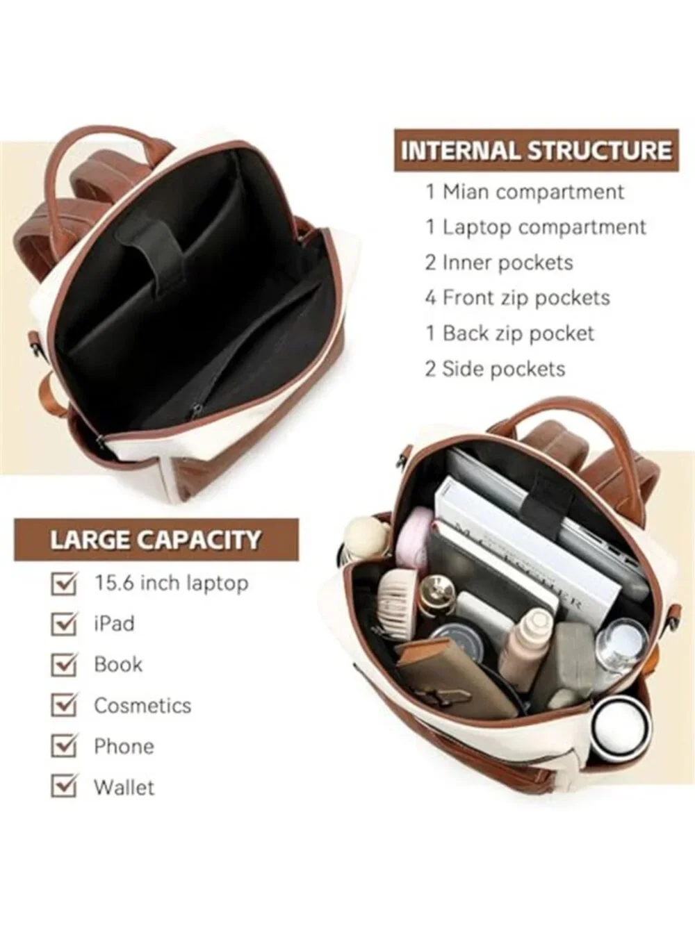 Vegan Leather Laptop Backpack for Women 15.6 Inch Work Backpack Purse for